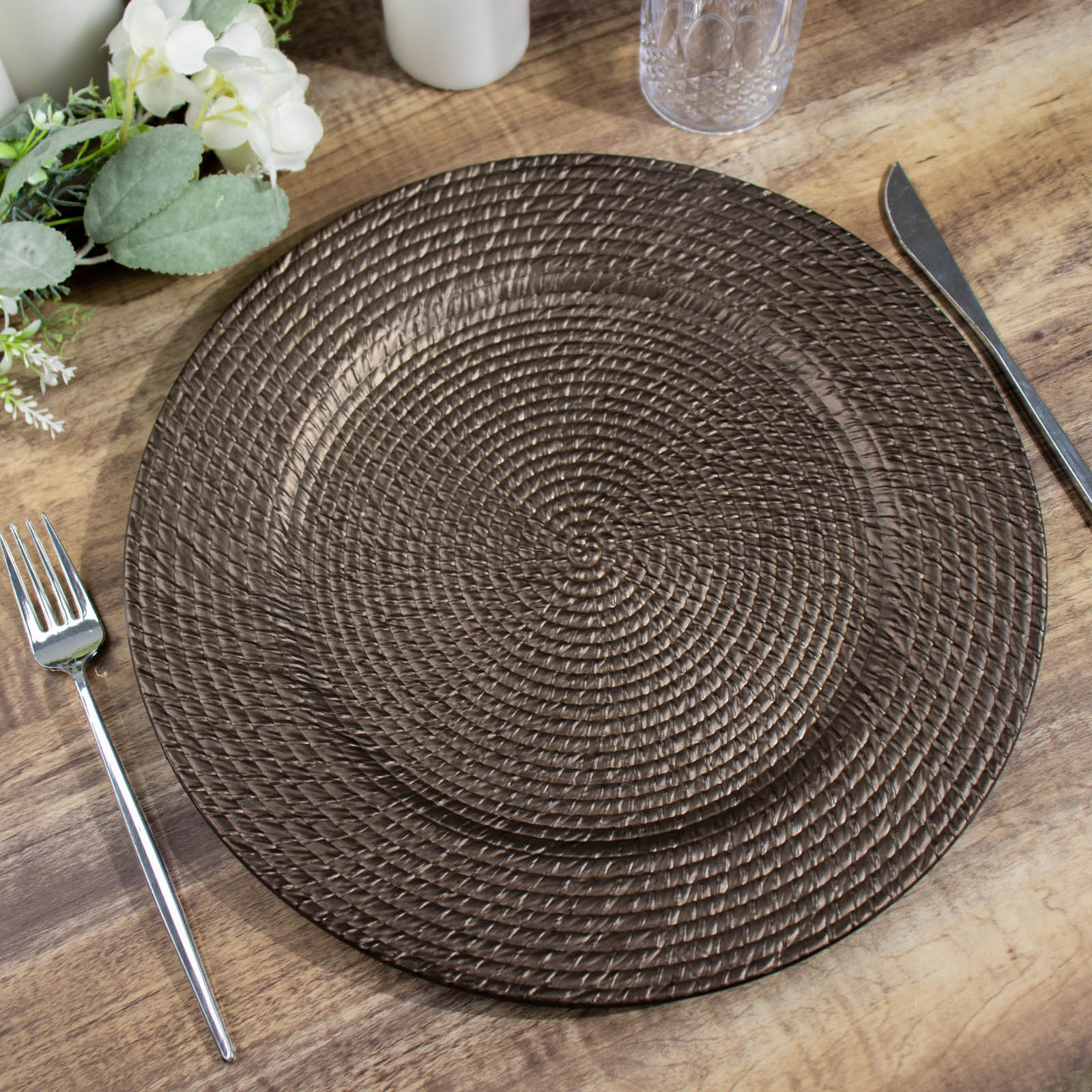12-Pack Acrylic Charger Plates 13" Round Natural Brown with Rattan-Like Design - Farmhouse Disposable Plastic Charger Tableware - Image 10