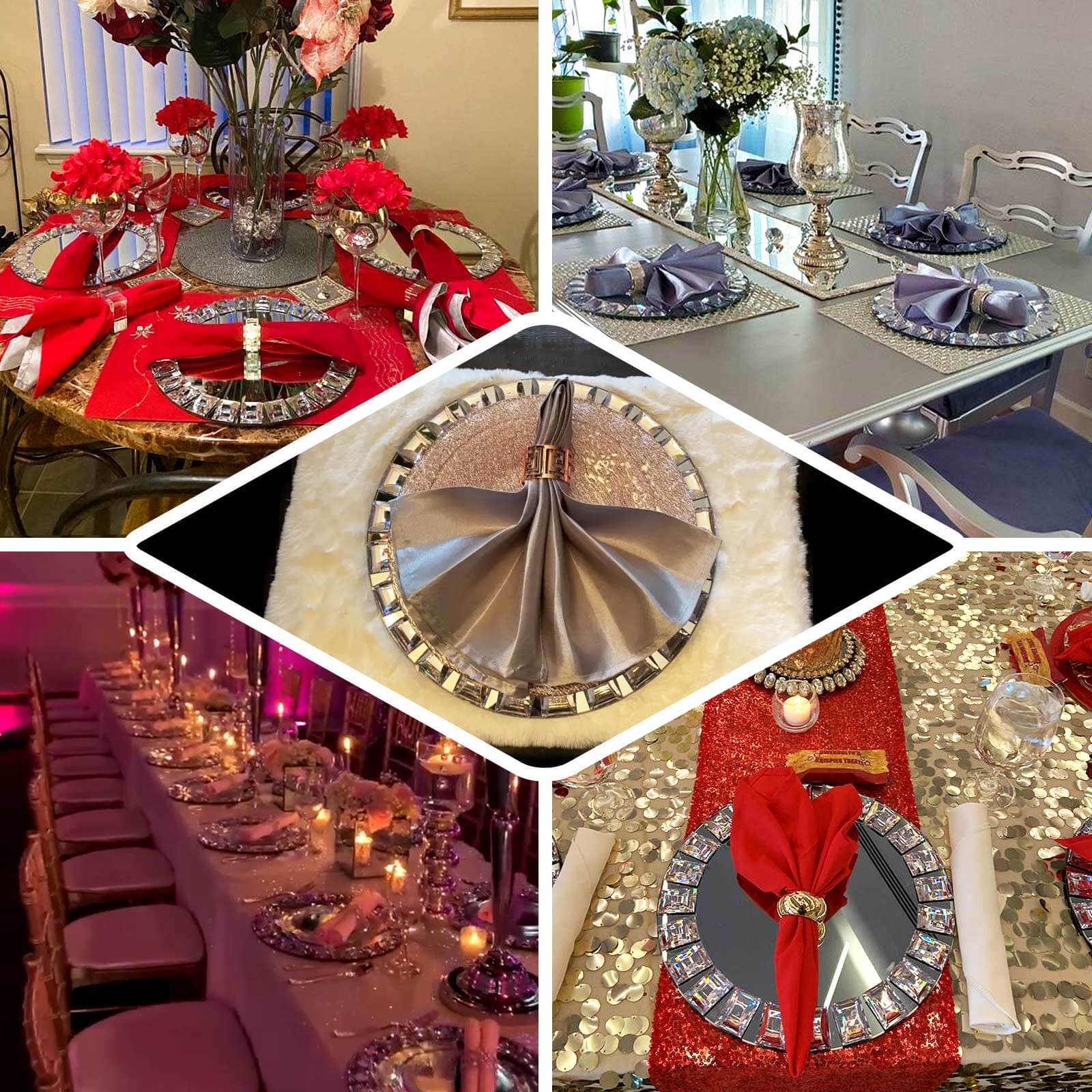 2-Pack Glass Mirror Charger Plates 13" Round Silver with Jeweled Rim - Premium Decorative Dinner Party Charger Tableware - Image 5